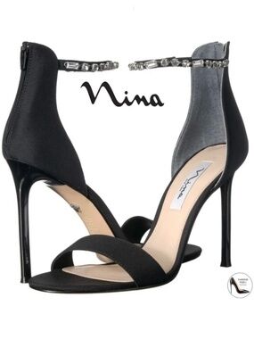 Nina Deena Black Satin Heeled Sandals Evening Stiletto Heel Pump Dress Shoes 8.5